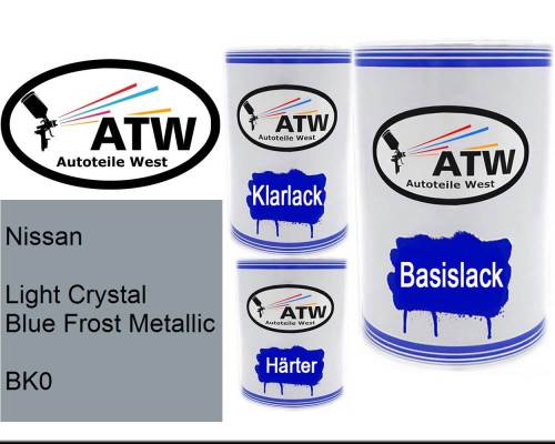Nissan, Light Crystal Blue Frost Metallic, BK0: 500ml Lackdose + 500ml Klarlack + 250ml Härter - Set, von ATW Autoteile West.